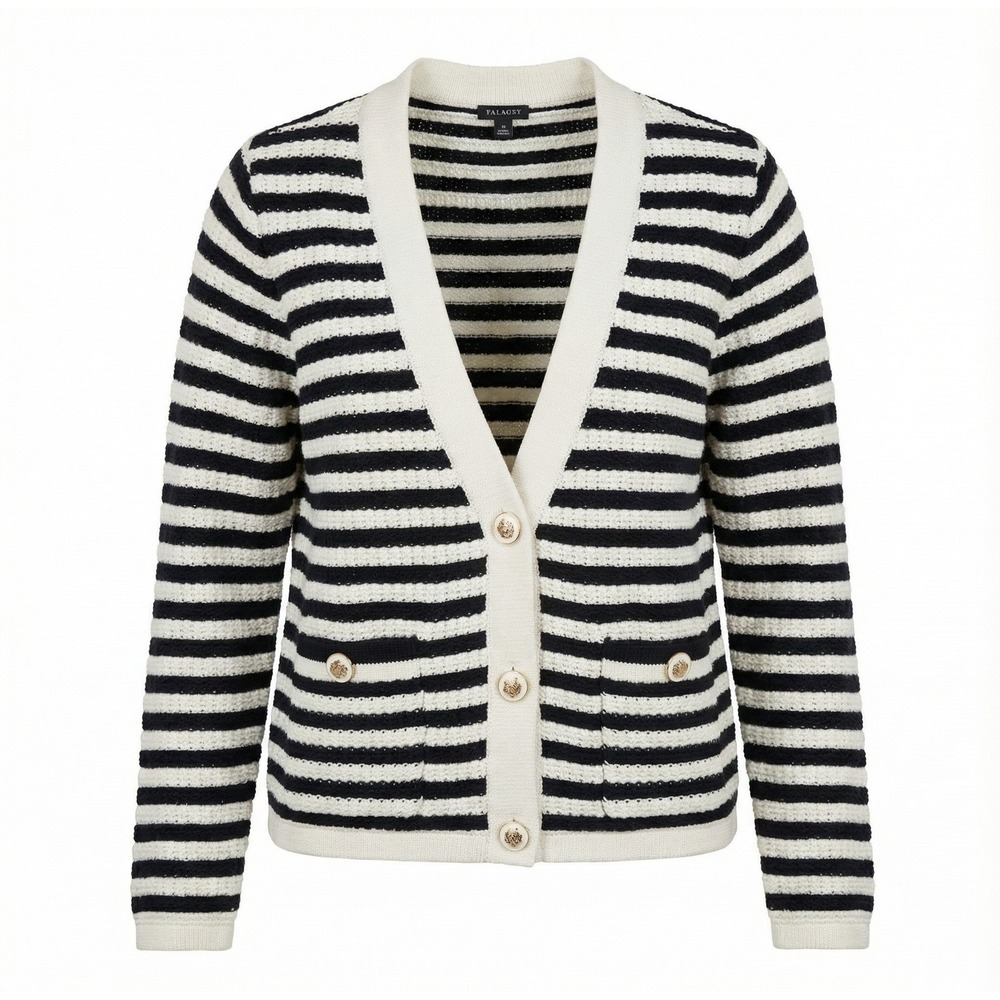 Sailor Chic Nautical Chunky Knit Striped V-Neck Sweater Talbot's Women's Medium